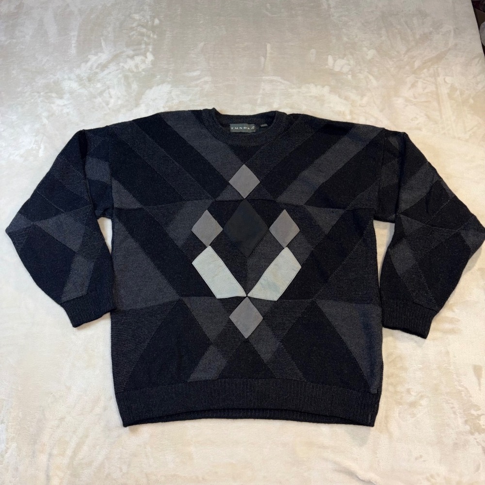 VIntage Tundra Canada Mens Merino Wool Geometric Diamond Sweater Gray Blk Medium